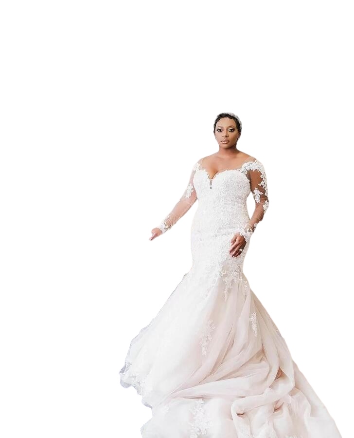 African Plus Size Mermaid Wedding Dresses V Neck Long Sleeve lace applique buttons robes de mariee Sheer Back Bride Dresses