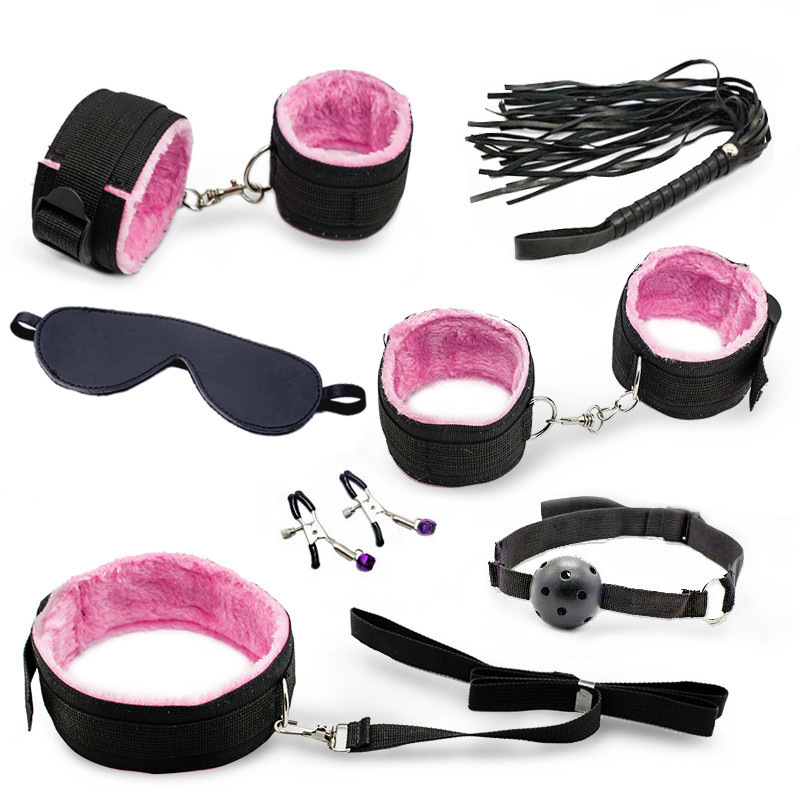 Cockrings Leopard 7 Pcs set Sexy Lingerie PU Leather BDSM Bondage Set Hand Cuffs Footcuff Whip Rope Blindfold Erotic Toys 230411