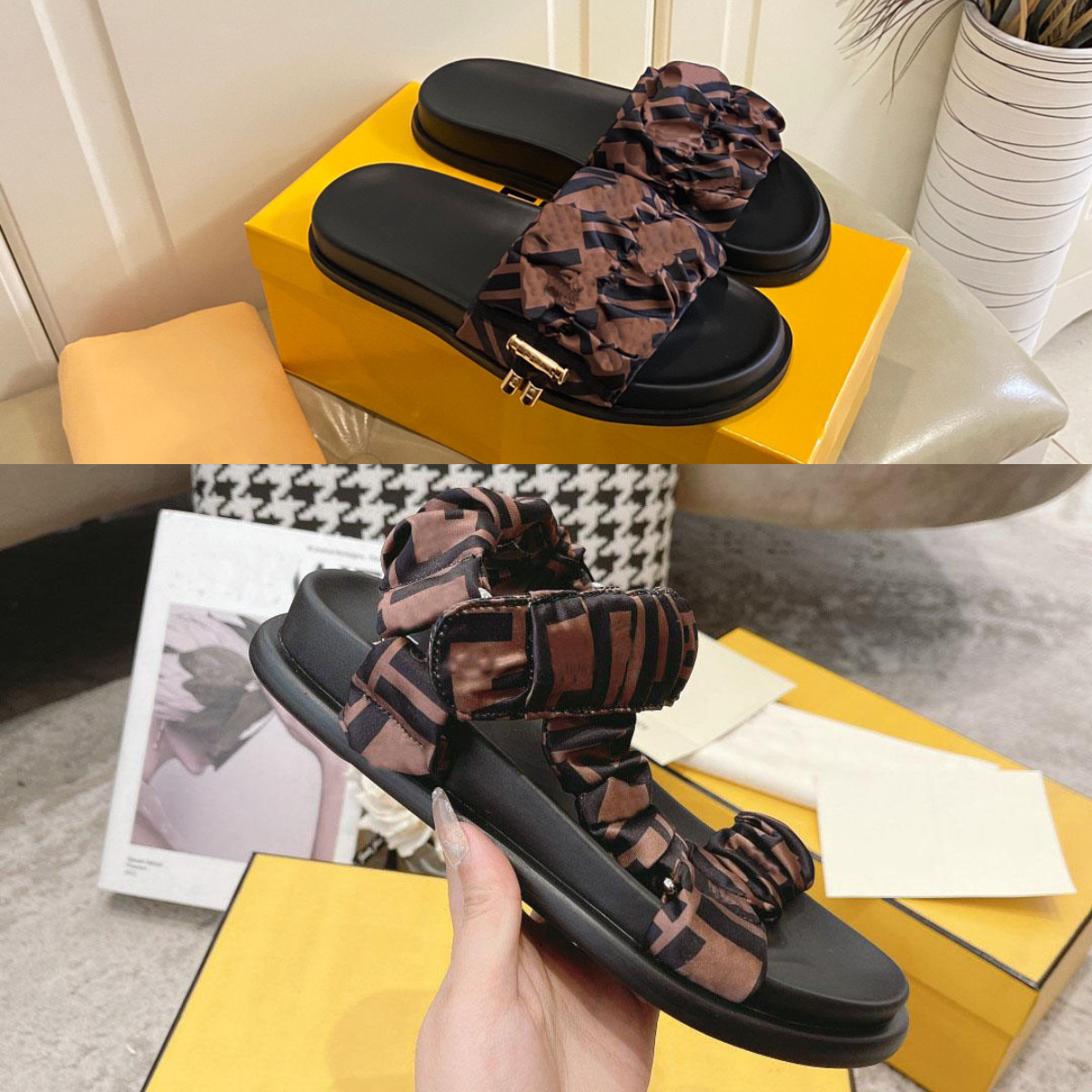 Designer Sandal Brown Satin Sandals Women Ff Feel Slides Letters Embellished Printing Flat Heel Flip Flops Slippers With Box
Designer Sandal Brown Satin Sandals Women Ff Feel Slides Letters Embellished Printing Flat Heel Flip Flops Slippers With Box