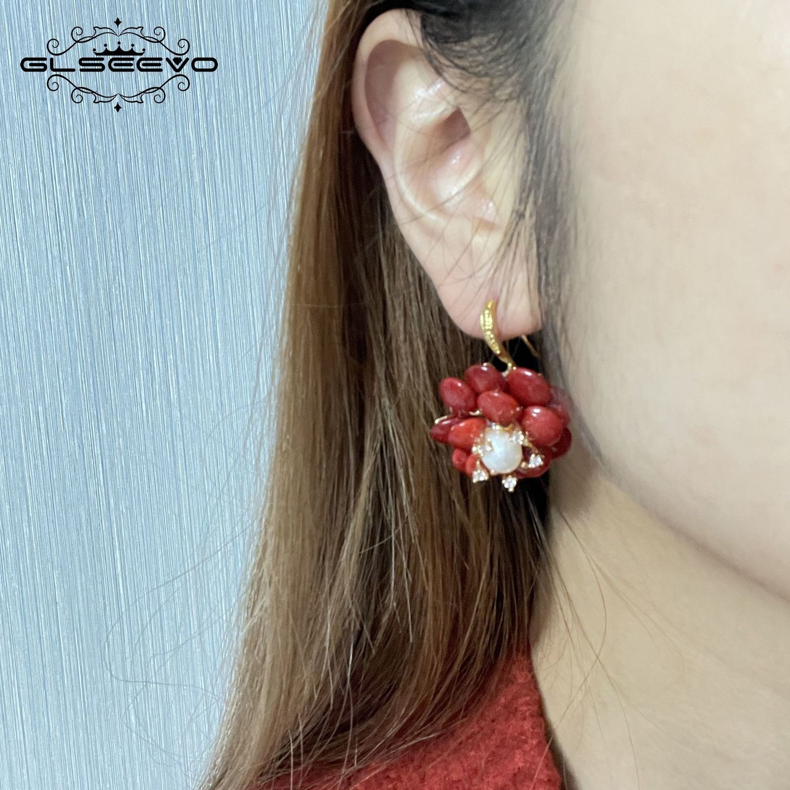 Hoop Huggie GLSEEVO Natural Coral Pendant Earrings Female Red Flower Handmade Fashion Luxe Ladies Earrings Fine Jewelry Wedding GiftsGE1042 230411