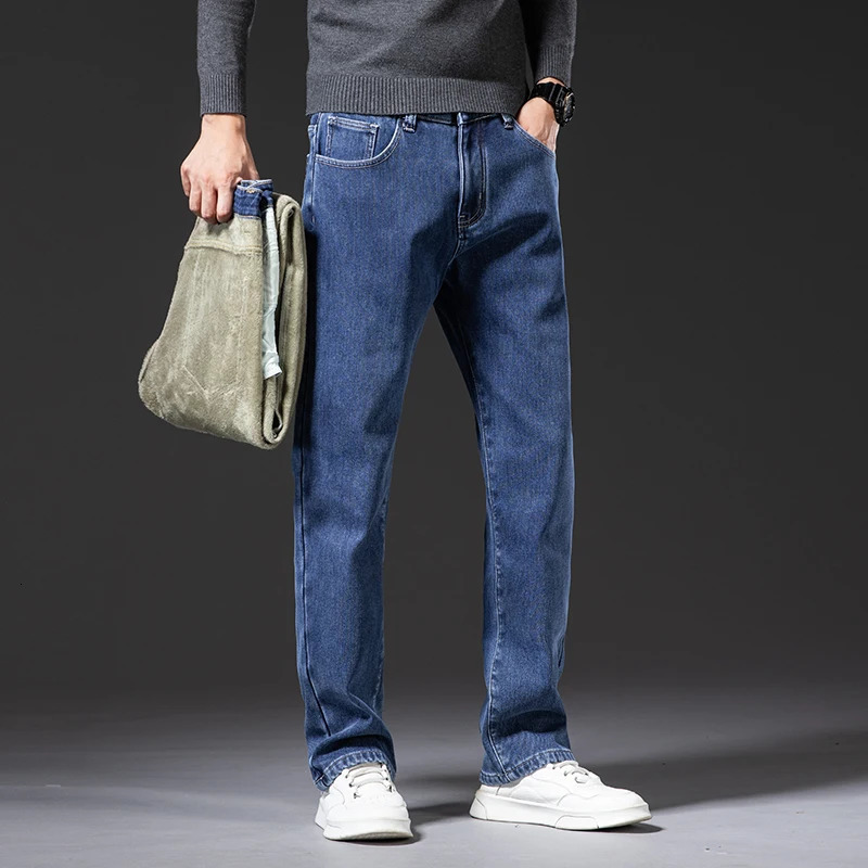 Mens Jeans Winter Warm Fleece Straight Business Casual Stretch Soft Thicken Denim Pants Plus Size 40 42 44 Loose Trousers 231110