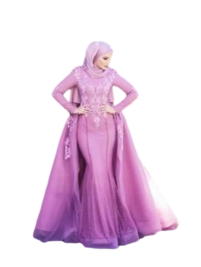 Fuchsia Muslim Mermaid Wedding Dresses with Detachable Train 2023 Lace Applique High Neck Hijab Saudi Arabic Bridal Gowns