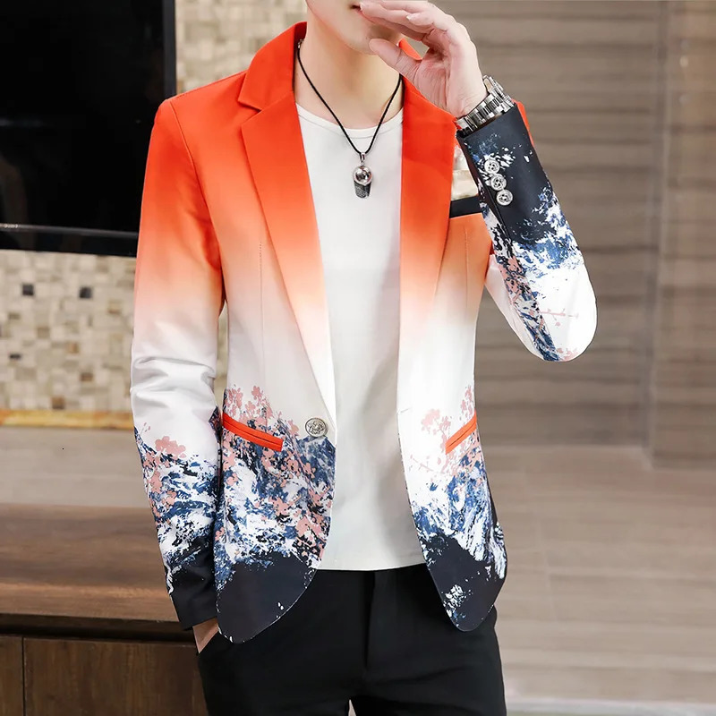 Men's Suits Blazers Men Floral Blazers Fashion Korean Gradient Inspired Prints Fancy Floral Suit Jacket Casual Slim Fit Blazer Coat Men Clothing 