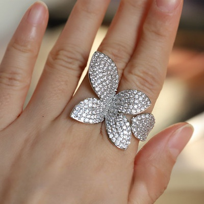 Band Rings Big Silver Color Flower Leaf Adjustable Ring with Bling Zircon Stone for Women Wedding Engeagement Fashion Jewelry Trend 230410