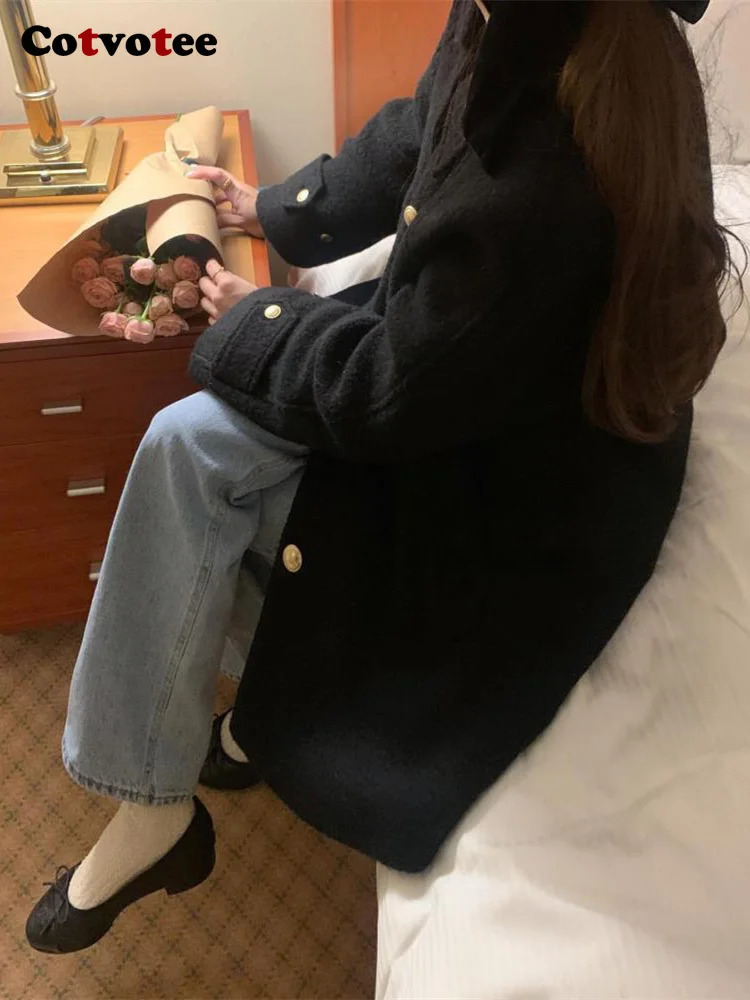 Women's Wool Blends Cotvotee Loose Coat Women Autumn Winter 2023 Fashion Turn Down Collar Jacket Vintage Casual Button Up Long Sleeve Coats 23111