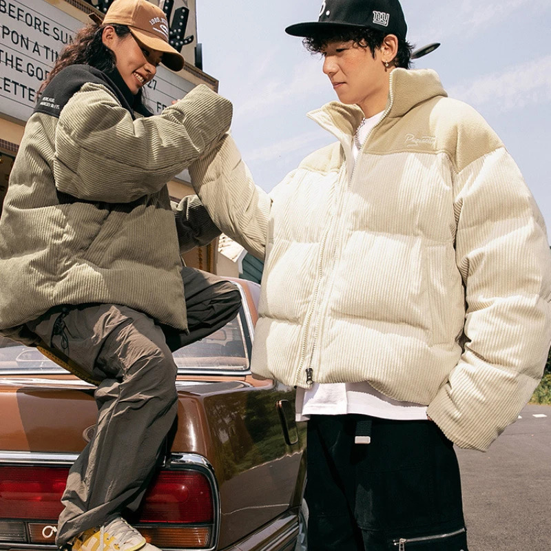 Men's Down Parkas Winter Warm Cotton Jacket Men's Thickened Corduroy Bread Suit Contrast Color Stitching American Vintage Cotton Coat Jacket