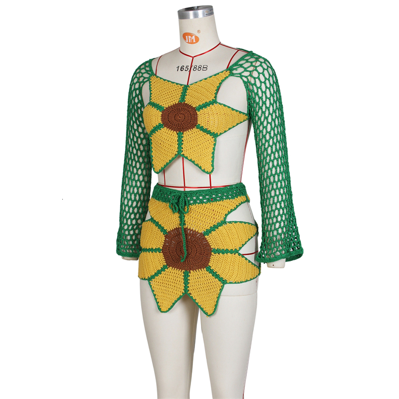 Two Piece Dress Hand crocheted sunflower knitting twopiece womens summer beach dress long sleeve lace backless crop top miniskirt 230410