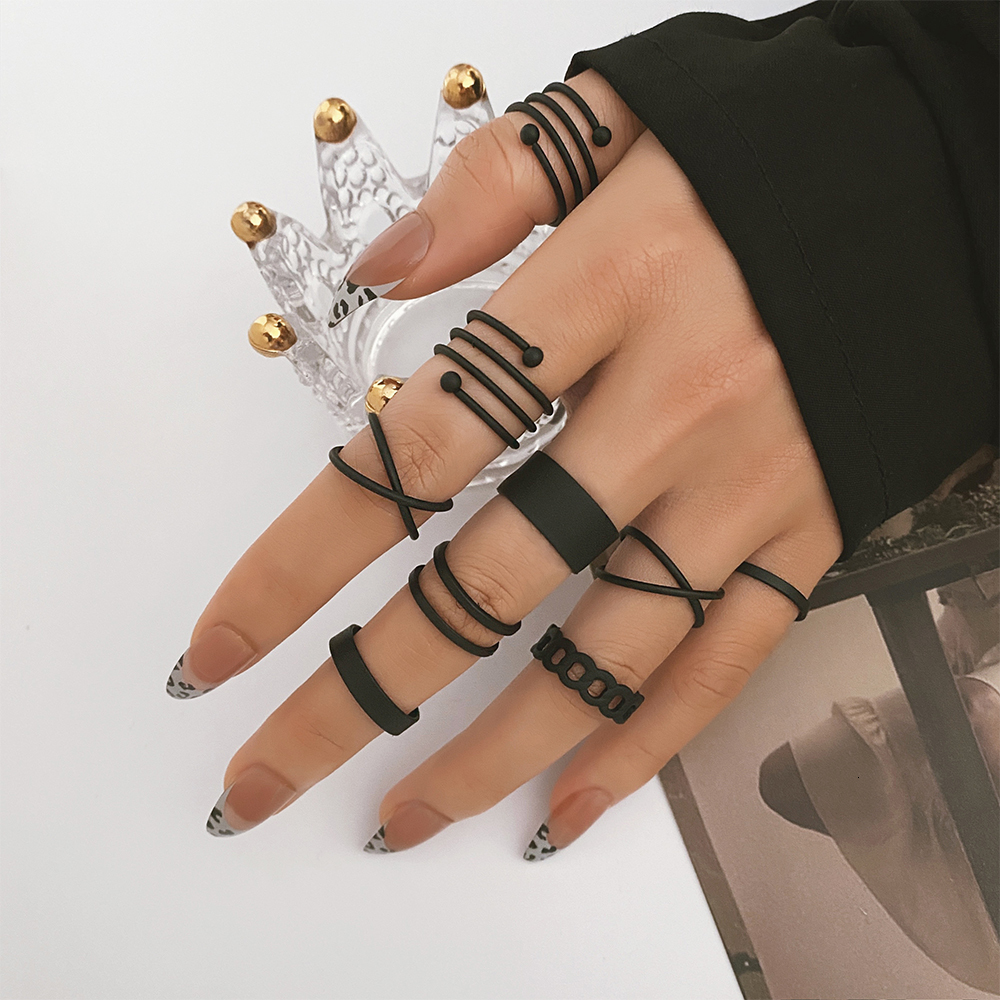 Band Rings Punk Black Finger Rings For Women Men Simple Chain Ring Set Fashion Rings Trend Friend Gifts Party Knuckle Jewelry Party 230410