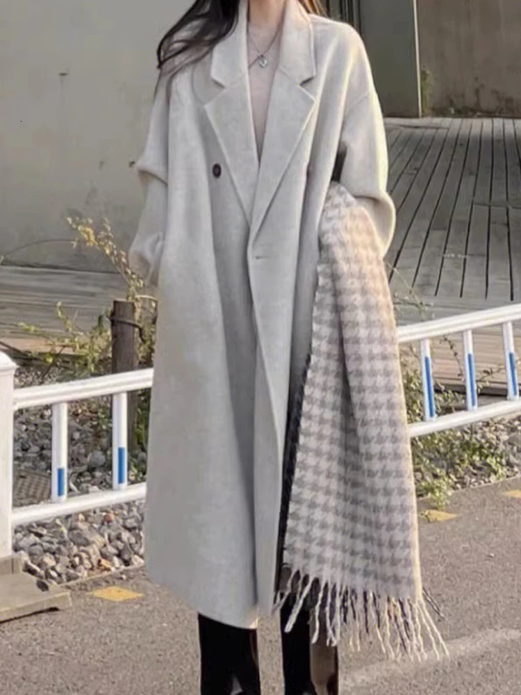 Women's Wool Blends Long Woolen Coat Women Korean Fashion Lapel Jackets Female Vintage Double Breasted Overcoat Ladies Autumn Winter Loose Outerw