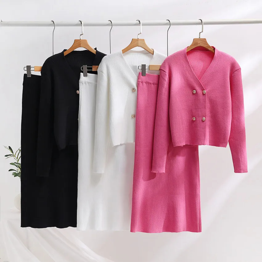 Two Piece Dress Vestidos New Autumn Winter Pink Knitted Sweater Suit Women V Neck Double Breasted Short Cardigan Long A Line Skirts 2 PCS Set 2024