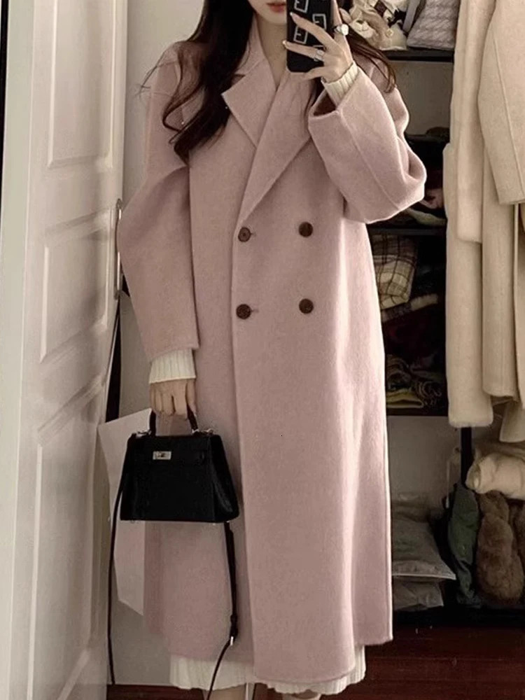 Women's Wool Blends Long Woolen Coat Women Korean Fashion Lapel Jackets Female Vintage Double Breasted Overcoat Ladies Autumn Winter Loose Outerw