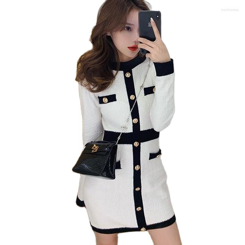 Casual Dresses Women Knitted Mini Dress Autumn Winter O Neck Patchwork Metal Button French Retro Sweater Elegant Knit Bodycon