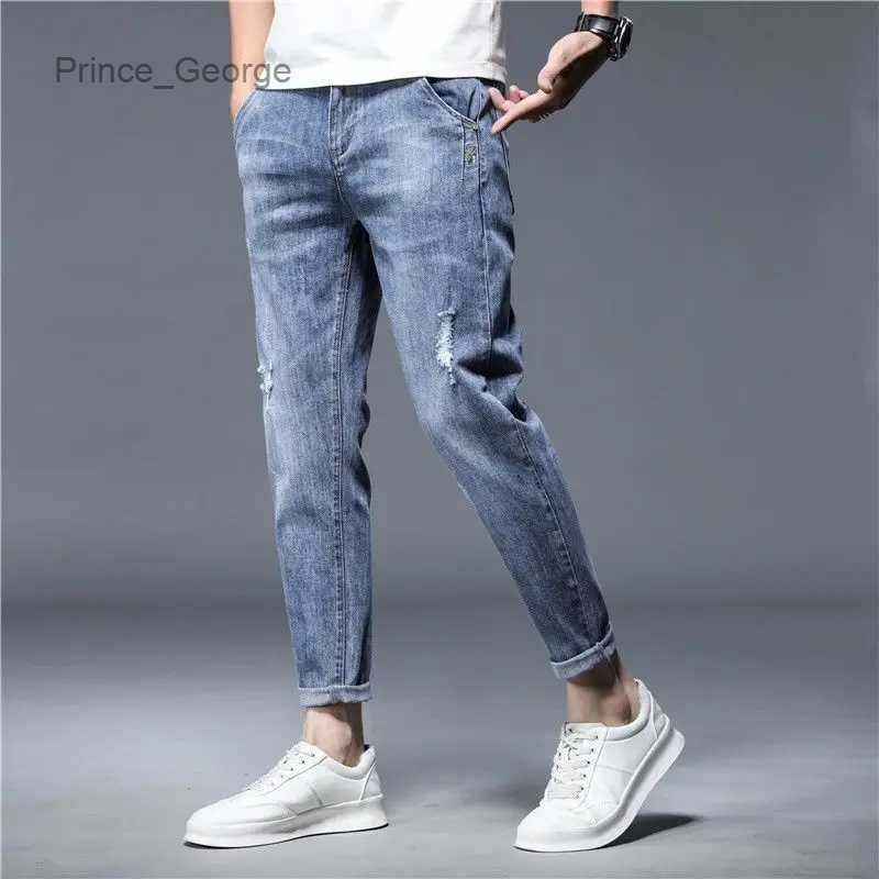 Men's Jeans Men's Denim Pants Ankle Length Jeans High Quality Summer Stretch Cotton Hole Thin Streetwear Design Korea Casual TrousersLF23111