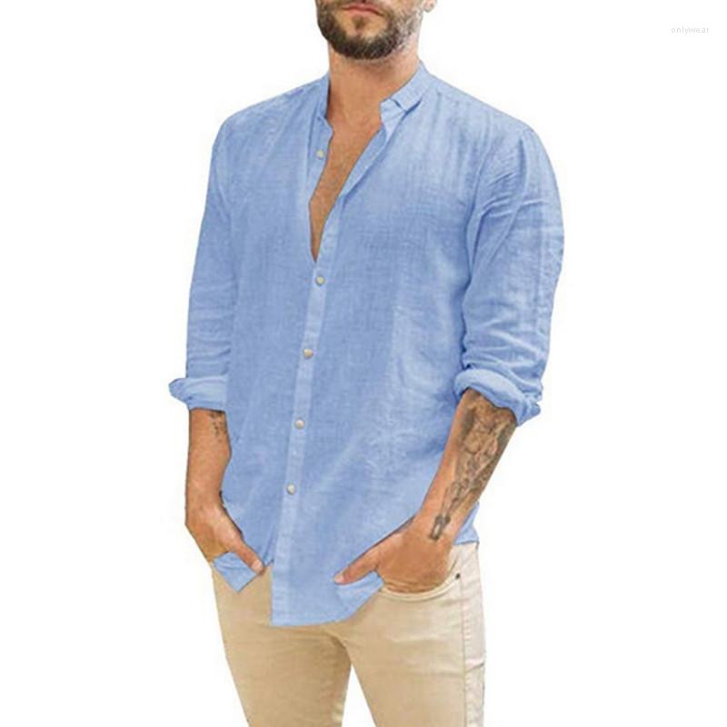 Men's Casual Shirts Camisas Linen Shirt Men Long Sleeves Blouse Loose Tops Spring Summer Handsome Leisure White Blue