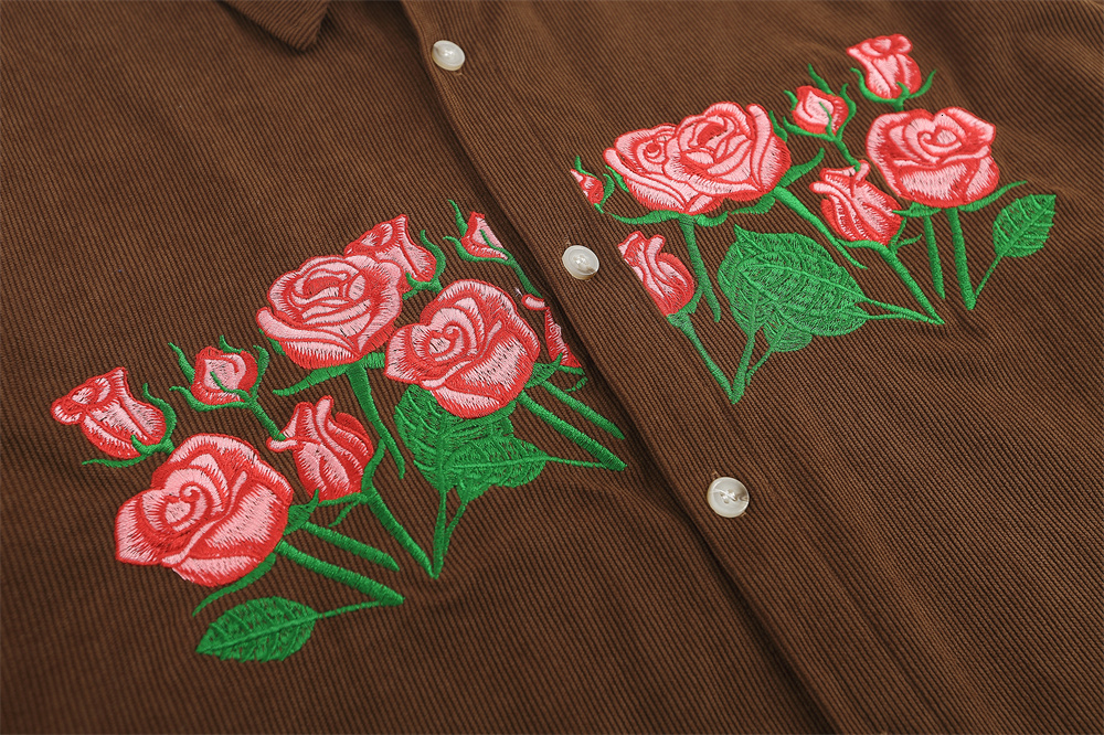 Men's Casual Shirts Dark Icon Floral Embroidery Corduroy Shirts Men Women Summer Casual Men's Shirt Male Top Brown Blue 230410