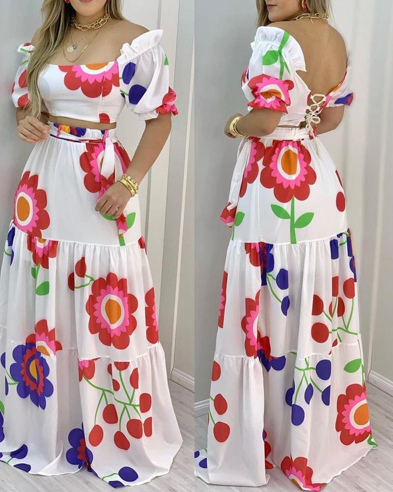 Two Piece Dress Womens Two Piece Floral Print Lace Top Sexy Backless Crop Top and Long Dress Set Casual Bohemian Set Summer 230410