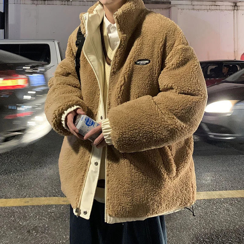 Men's Down Parkas Winter Two Sided Wear Lamb Fleece Parka Coat Men Thick Loose Warm Fashion Solid Cotton Padded Jacket Vintage Parkas Jacket 2311