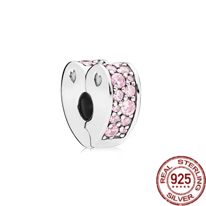 925 Sterling Silver Charm Blue Pink Bead Heart Clip Is Suitable For Primitive Classic Ladies Bracelets DIY Jewelry Gift