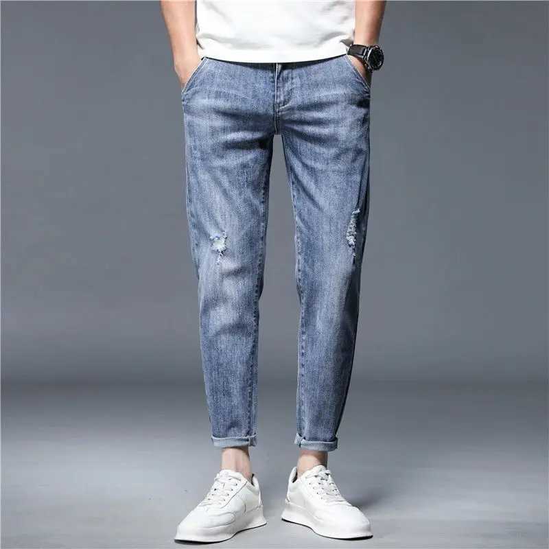 Men's Jeans Men's Denim Pants Ankle Length Jeans High Quality Summer Stretch Cotton Hole Thin Streetwear Design Korea Casual TrousersLF23111