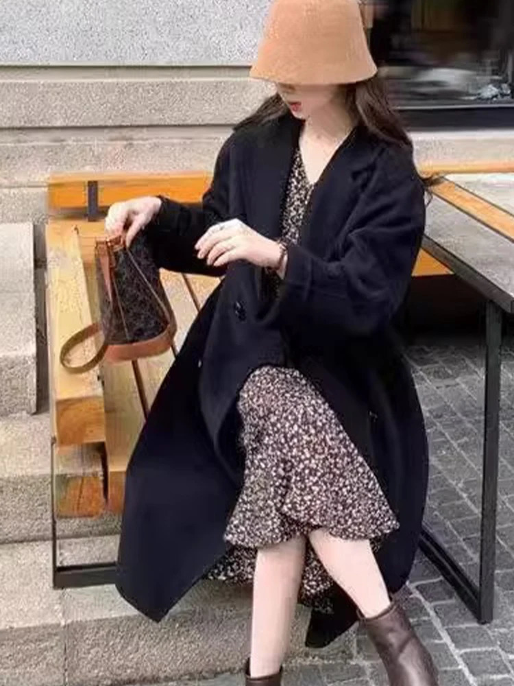 Women's Wool Blends Long Woolen Coat Women Korean Fashion Lapel Jackets Female Vintage Double Breasted Overcoat Ladies Autumn Winter Loose Outerw