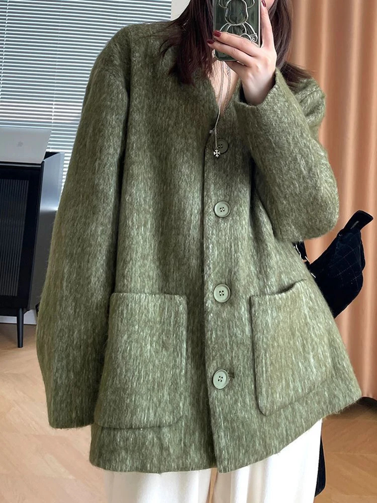 Women's Wool Blends LANMREM Vintage Winter Jacket V Neck Pockets Single Breasted Loose Female Coat Fashion 2023 Clothing 2AA3673 231110