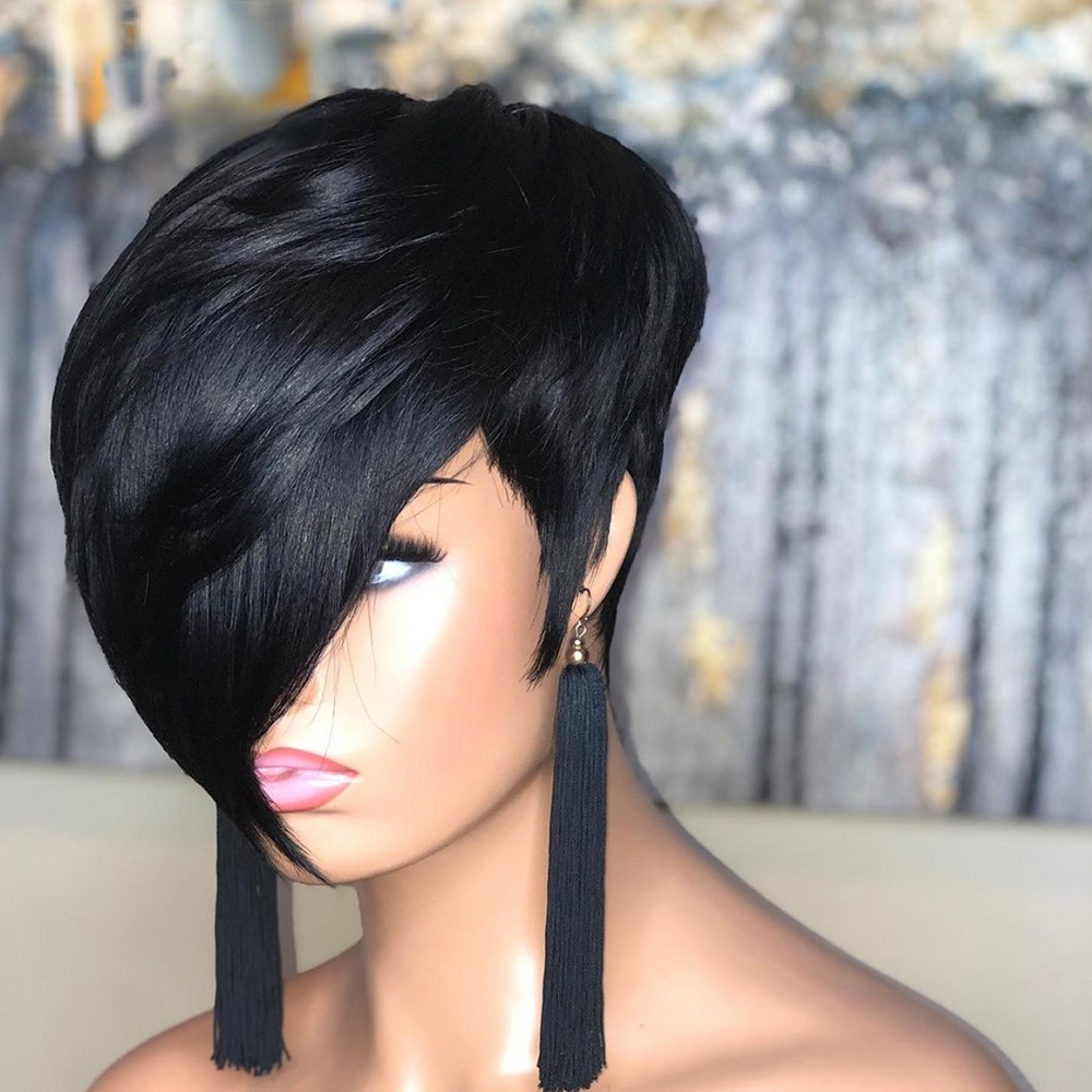 Free shipping Short Pixie Cut Peruvian Virgin Human Hair Natural Bob Wig With bangs Glueless Wholesale For Black Women