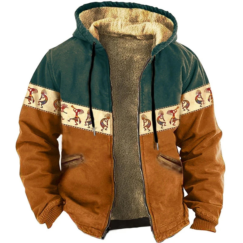 Men's Jackets Vintage Graphic Printing Patchwork Fleece Jacket For Men Autumn Winter Casual Zipper Hooded Wool Lining Coats For Mens Outerwear 23