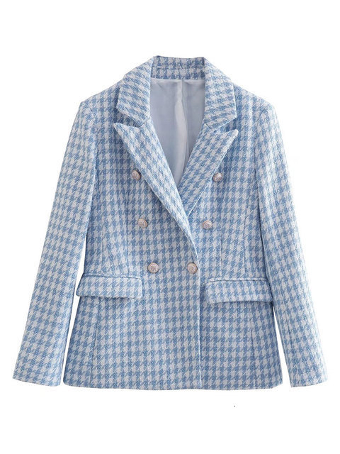 Women's Suits Blazers TRAF Women Fashion Houndstooth Double Breasted Tweed Blazer Coat Vintage Long Sleeve Flap Pocket Female Outerwear Chic Vest