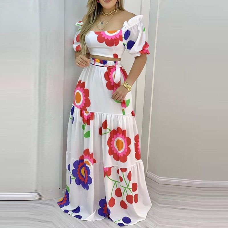 Two Piece Dress Womens Two Piece Floral Print Lace Top Sexy Backless Crop Top and Long Dress Set Casual Bohemian Set Summer 230410