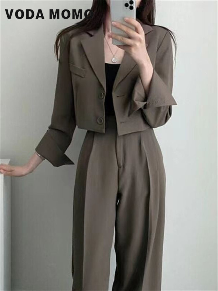 Women's Tracksuits Spring Korean Casual Elegant Suits Blazer Jacket Wide Leg Trousers High Waist Pants Female 2 Piece Sets Crop Top Coats 230411