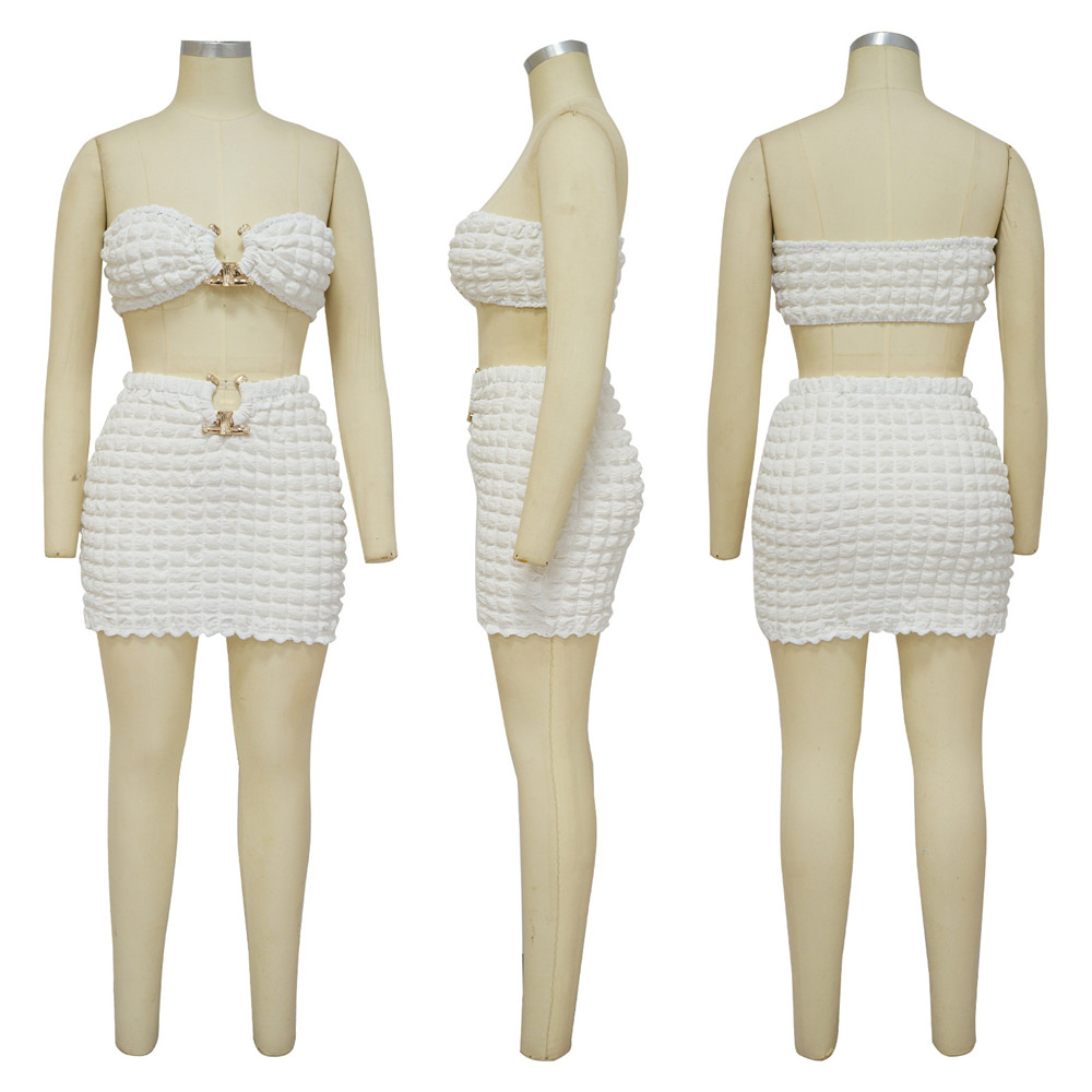 Designer Summer Bubble Dress Sets Women Strapless Crop Top and Bodycon Skirt Two Piece Sets Casual Mini Skirt 2pcs Suits Clothes 9683