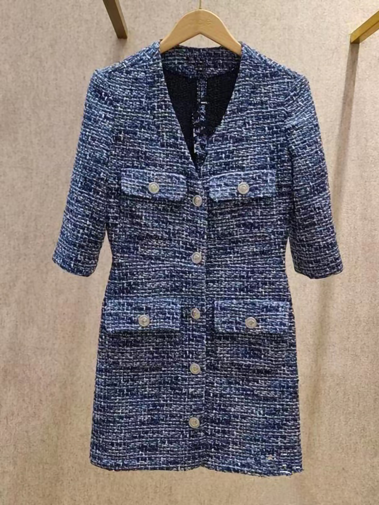 Casual Dresses Autumn Winter M Tweed For Women Fashion V-Neck Single Breasted Elegant All Match Slim Waist Skirt Ladies Mini 230412