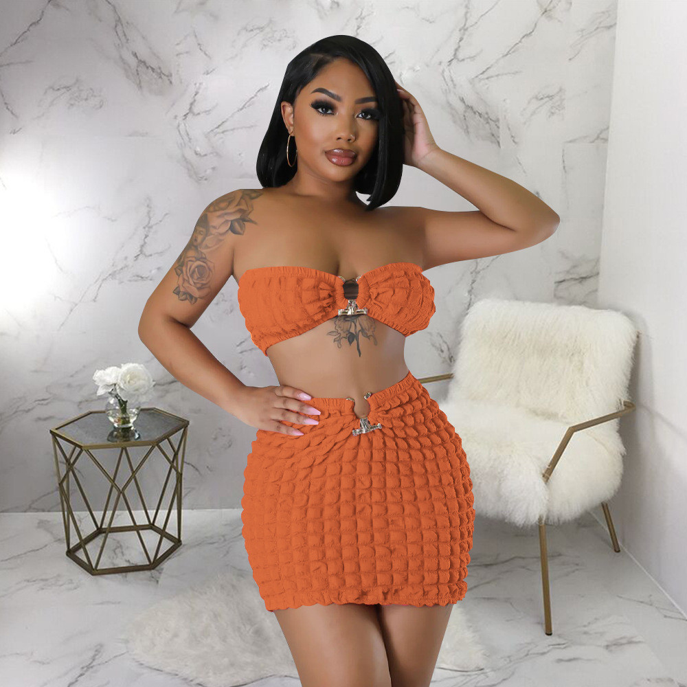 Designer Summer Bubble Dress Sets Women Strapless Crop Top and Bodycon Skirt Two Piece Sets Casual Mini Skirt 2pcs Suits Clothes 9683