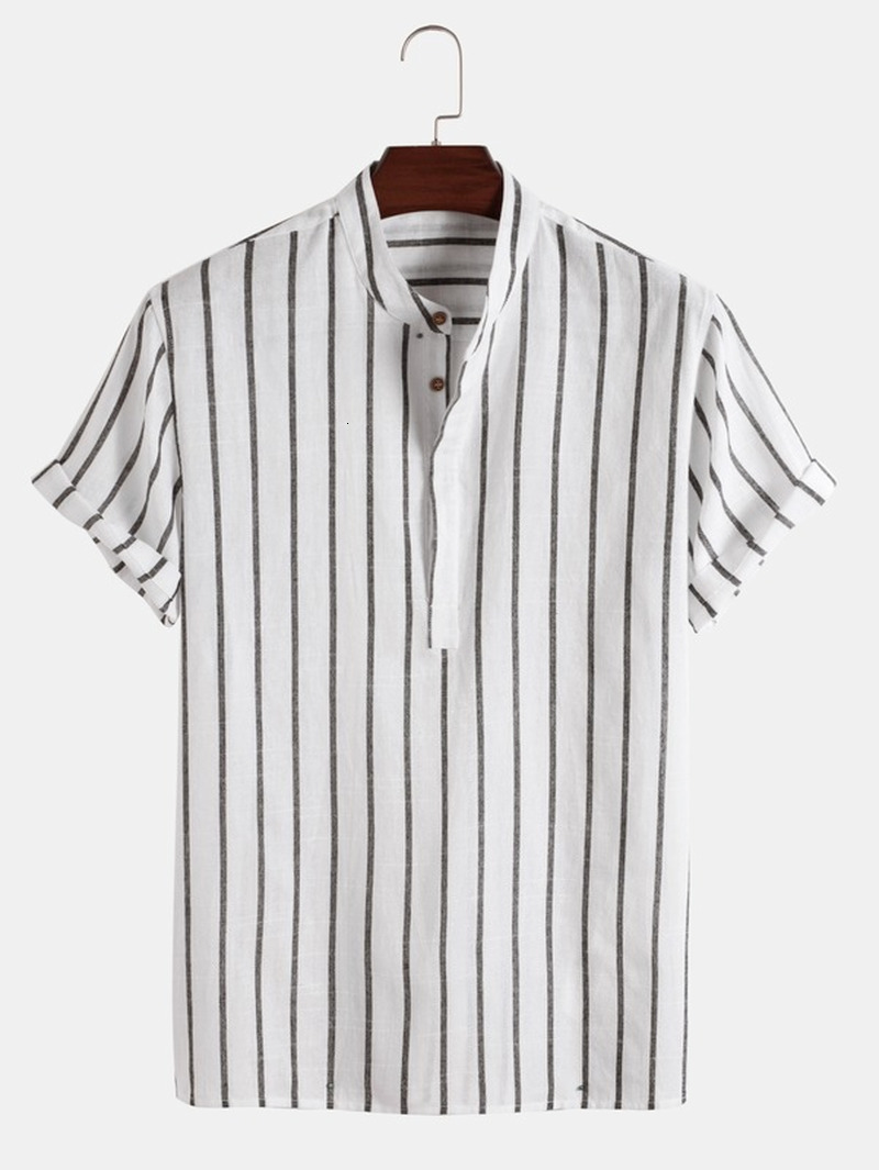Men's Casual Shirts Men's Summer Men's Striped Half Button Shirt Fashion Short Sleeve Camisas Para Hombre 230412