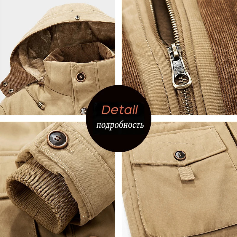 Men's Down Parkas 7XL Men Winter Warm Parkas Mens Fleece Detachable Hat Jacket Parkas Men Casual Cotton Outdoor Fur Trench Padded Jackets Coats 2