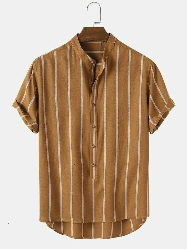 Men's Casual Shirts Men's Summer Men's Shirts Simple Fashion Stripes Men's Standing Collar Youth Short Sleeve Shirt Lace 230412