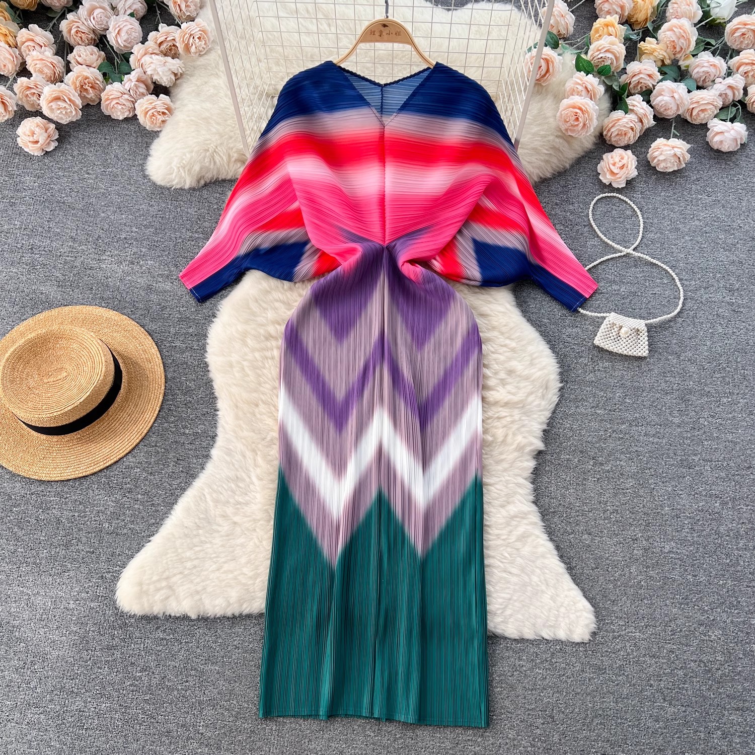Women Casual Dresses Elegant New Autumn Miyake Pleated Long Dress Runway Women V Neck Batwing Sleeve Red Flower Printed Stretch Bodycon Slim Clothes 2