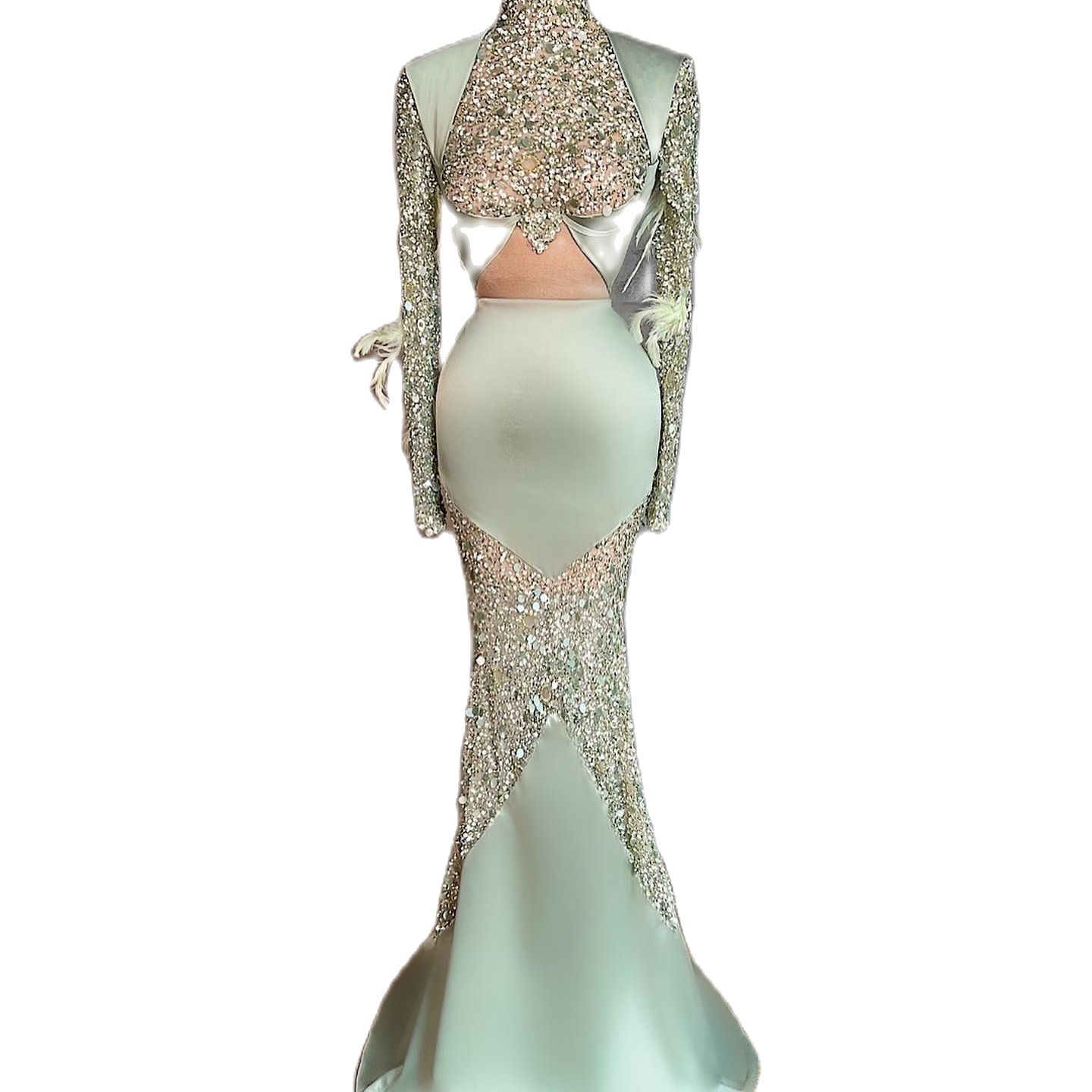 Glamorous Mermaid Prom Dresses High Neck Long Sleeves Hollow Shining Applicants Beads Sequins Satin Zipper Floor Length Custom Made Party Dress Vestid
