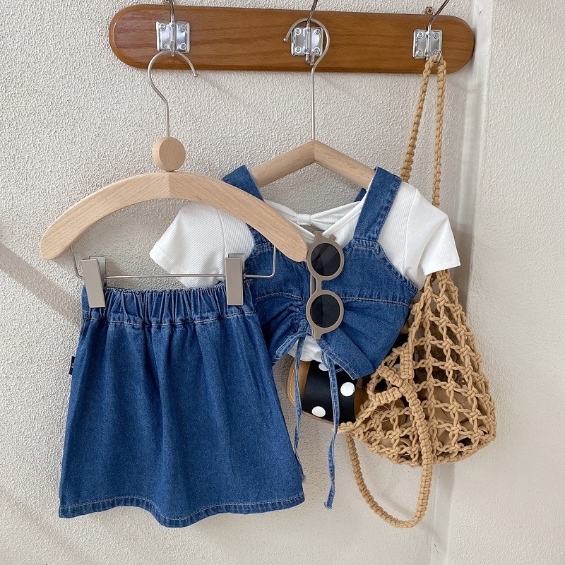 Clothing Sets Fashion Baby Girl Denim Clothes Set Strap Vest Skirt 2PCS Kid Jean Drawing String Crop Top Suit Outfit 2 10Y 230412