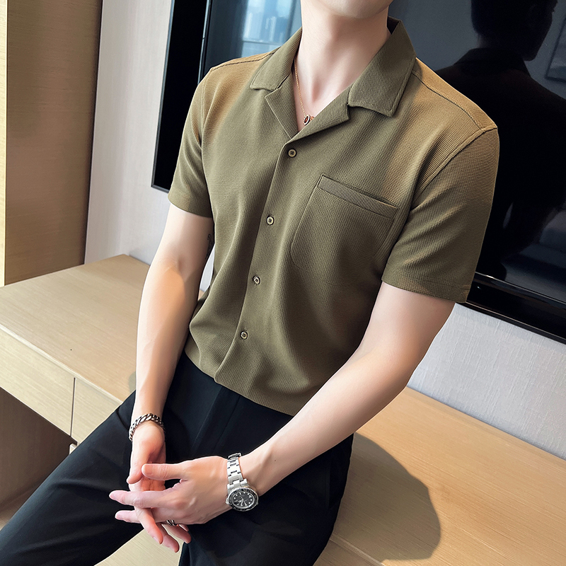Men's Casual Shirts Summer British Style Men's Casual Short Sleeve/Men's Slim Fit V-Neck Lce Silk Casual Shirt Top Plus Size S-3XL 2304