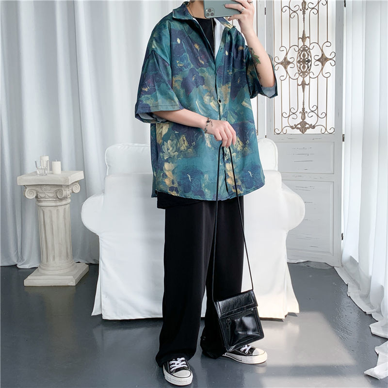 Men's Casual Shirts Summer Flower Shirt Men's Fashion Printing Casual Shirt Loose Hawaiian Shirt Men's Street Clothing Short Sleeve Shi