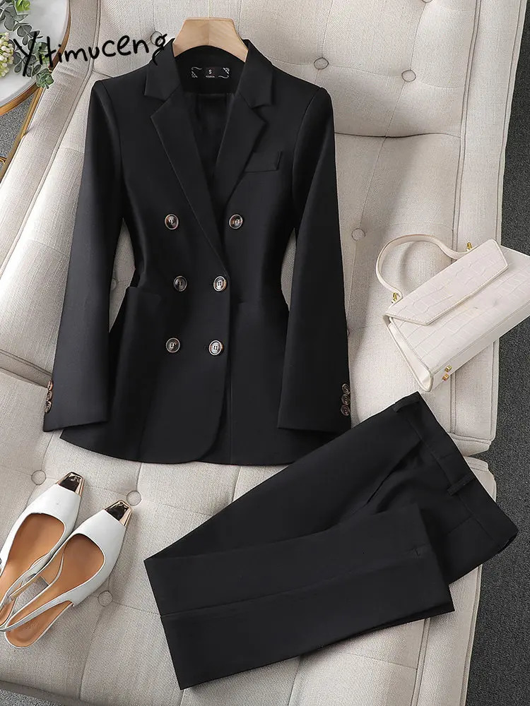 Womens Two Piece Pants Yitimuceng White Suits for Women Fashion Office Ladies Long Sleeve Double Breasted Tops Chic Slim High Waisted Sets 231110