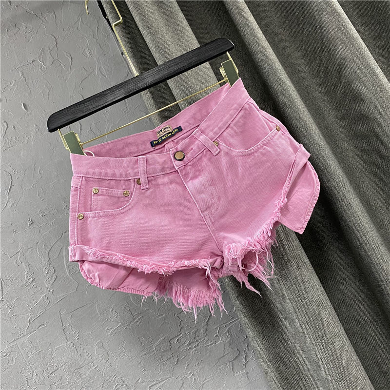 Women's Shorts Summer Women's Fruit Green denim Shorts Sexy Low A-line Fringe Shorts Pants Women's Fashion Personalized Pockets Pink 23