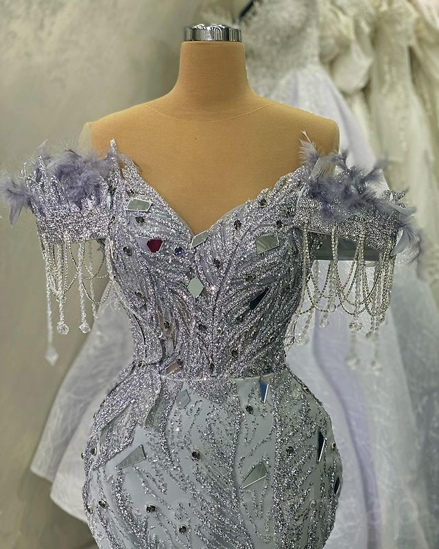 April Aso 2023 Ebi Mermaid Sier Prom Dress Beaded Crystals Evening Formal Party Second Reception Birthday Engagement Gowns Dresses Robe De Soiree ZJ52