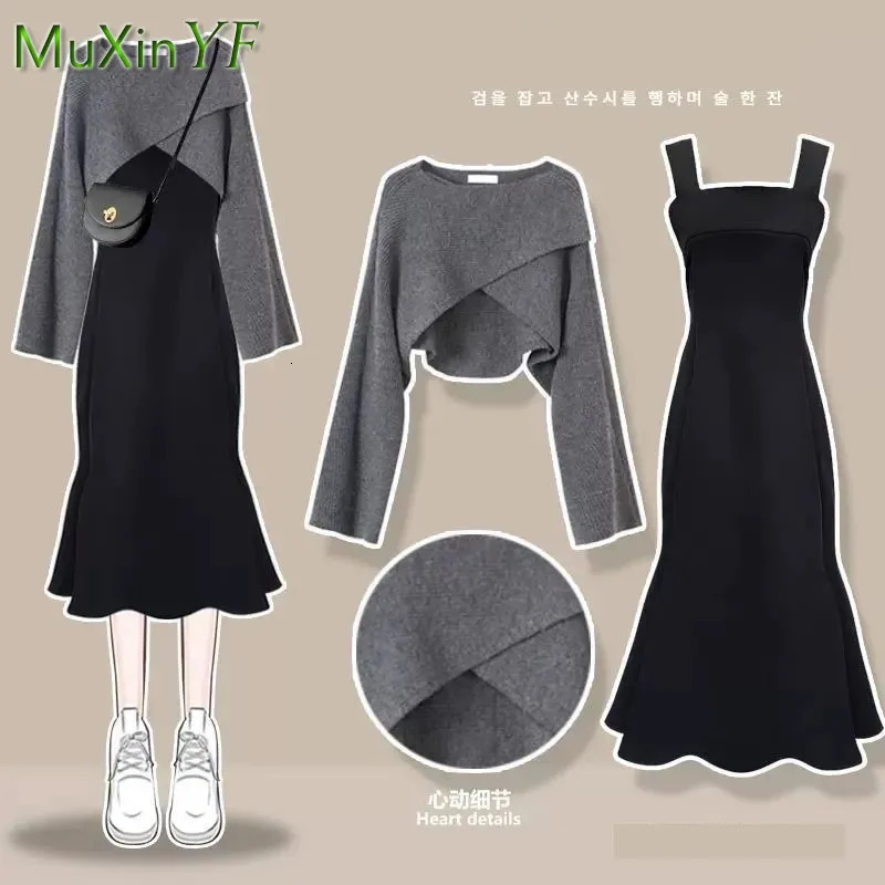 Two Piece Dress Women's Fashion Dress Matching Set Autumn Winter Chic Knitted Sweater Sling Skirt Two Piece Korean Elegant Clothes Suit 231110