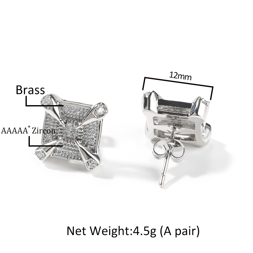18K Platinum Plated Square Zircon Stud Earring Ear Bone Nail Women Men No Fading No Allergies 5A Zircon Earring