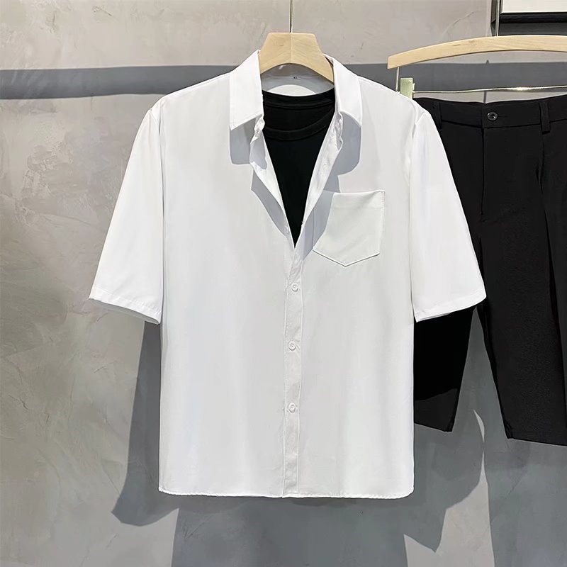 Men's Casual Shirts Summer Cool Men's Short Sleeve Shirt Wrinkle Resistant Solid Color Fashion Office Casual Loose Button Pocket Shirt Men&#
