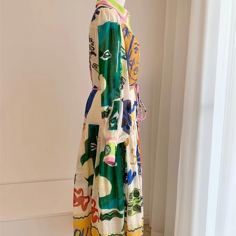 Casual Dresses 2023 Spring Holiday Style Multicolor Print Lace Up Waist Women Ramie Midi Long Shirt Dress 230411