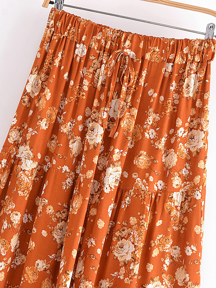 Skirts Vintage chic women's floral print summer elastic waist pleats Bohemian leather artificial silk cotton Bohemian beach A-line Maxi leather 2