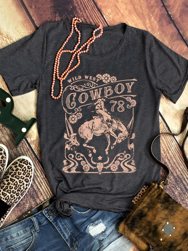 Women's TShirt Wild West Cowboy Tshirt Steer Skull Floral Graphic Country Southern Top Rodeo Cowgirl Western T Shirt Vintage Tee Tshits 23412